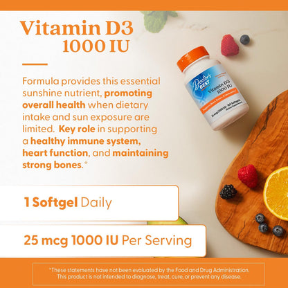 Doctor's Best Vitamin D3 1000 IU Softgel Capsules - Immune and Bone Health Support - 180 Capsules
