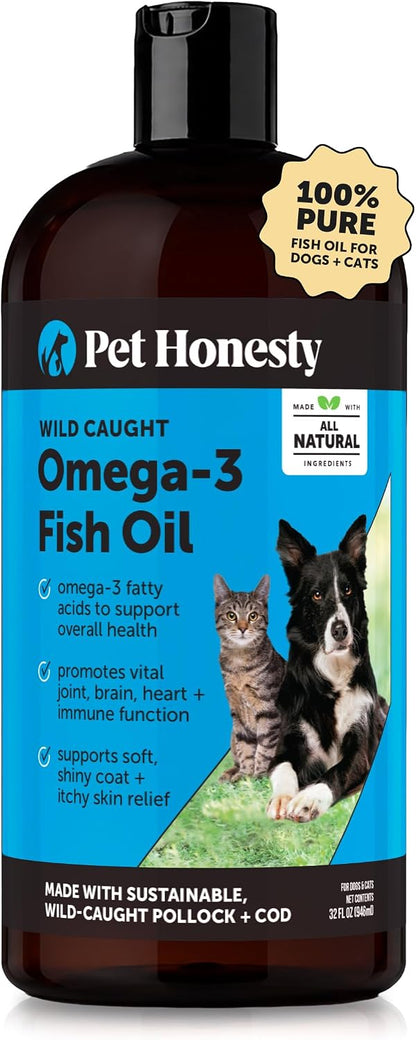 Pet Honesty Omega 3 Fish Oil for Dogs and Cats - Wild Caught Liquid Supplement (32 oz / 946 ml)