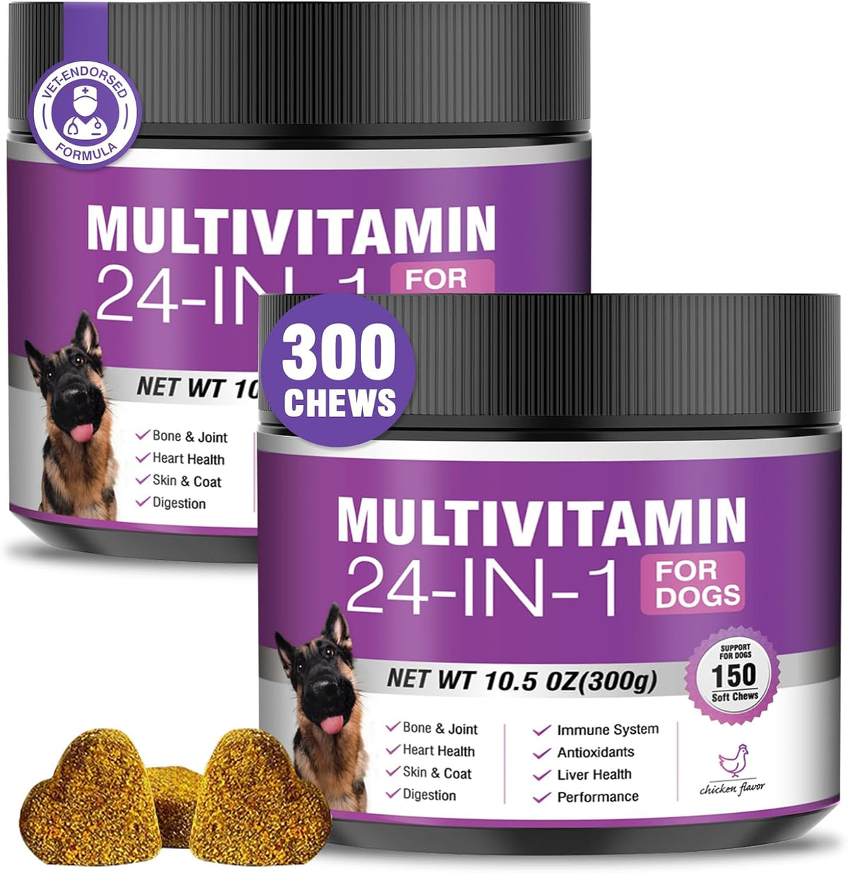 24-in-1 Dog Vitamins and Supplements 200 Count Multivitamin Chewables with Chondroitin, Probiotics, Omega-3, Glucosamine for Skin, Coat, Heart, Joint, Gut, Liver, Brain, Eyes, Immune Support – Chicken Flavour - görsel 9