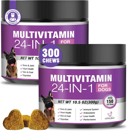 24-in-1 Dog Vitamins and Supplements 200 Count Multivitamin Chewables with Chondroitin, Probiotics, Omega-3, Glucosamine for Skin, Coat, Heart, Joint, Gut, Liver, Brain, Eyes, Immune Support – Chicken Flavour