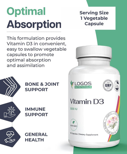 logos nutritionals Vitamin D3 5000 IU Food Supplement - 60 Capsules