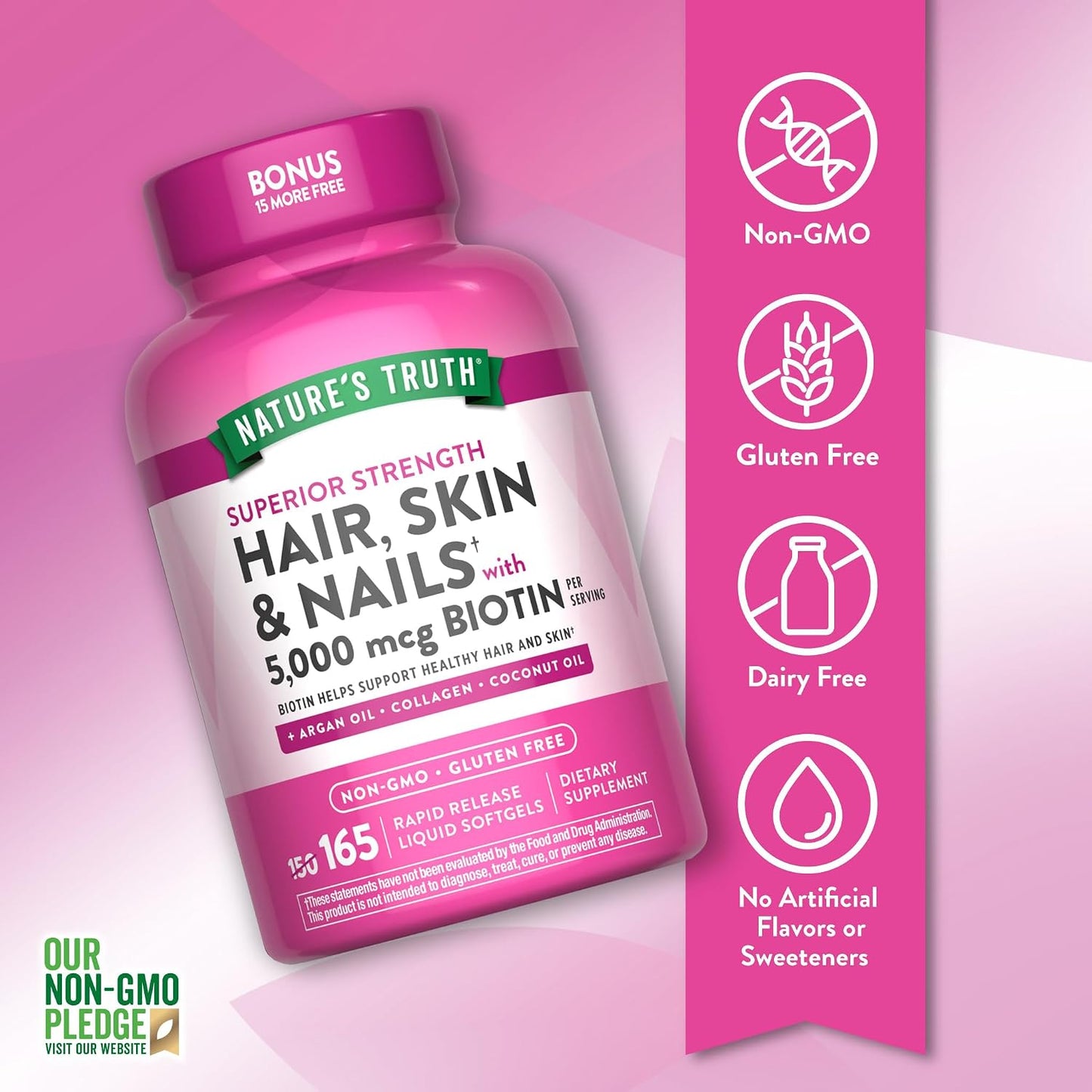 Nature's Truth Hair, Skin & Nails Vitamin | 5000 mcg Biotin | 165 Softgels | with Collagen | Non-GMO & Gluten-free Supplement - görsel 3