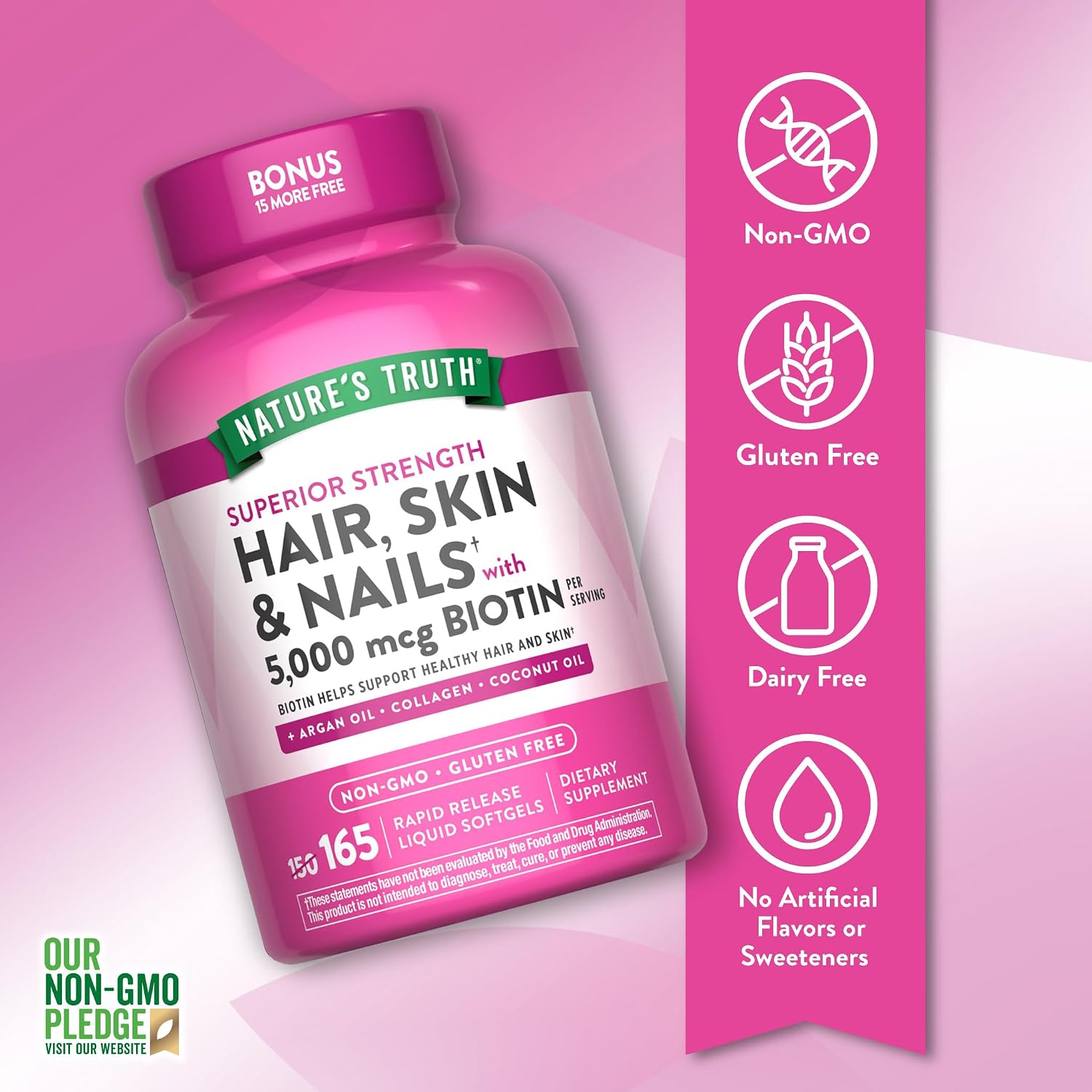 Nature's Truth Hair, Skin & Nails Vitamin | 5000 mcg Biotin | 165 Softgels | with Collagen | Non-GMO & Gluten-free Supplement - görsel 3