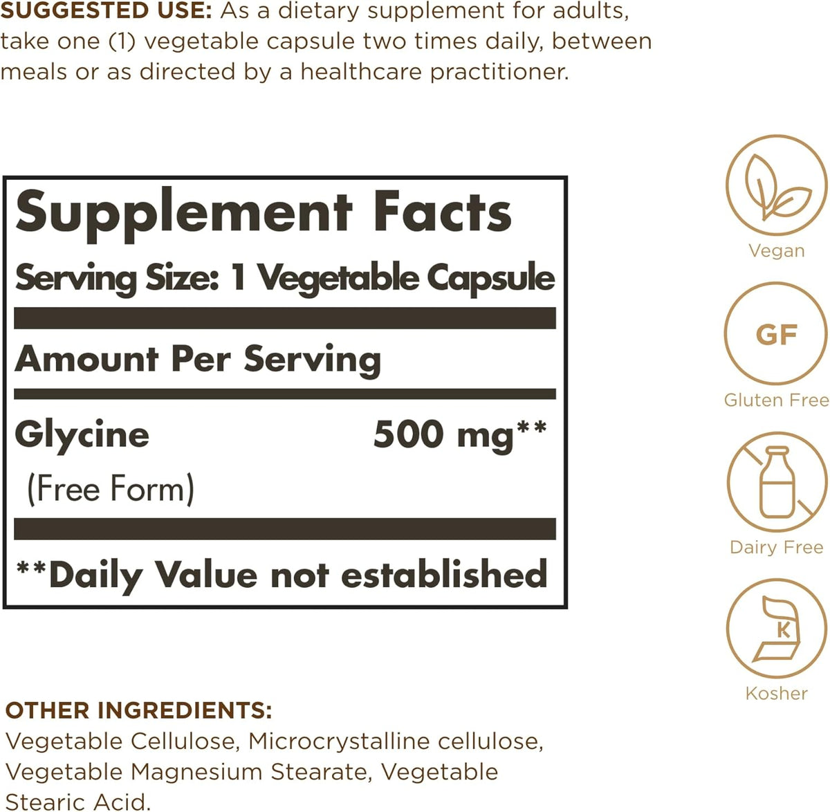 Solgar Glycine 500 mg - 100 Vegetable Capsules - Non-GMO, Vegan, Gluten-free, Dairy-free, Kosher - 100 Servings - görsel 2