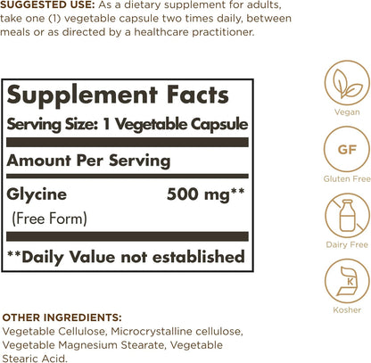 Solgar Glycine 500 mg - 100 Vegetable Capsules - Non-GMO, Vegan, Gluten-free, Dairy-free, Kosher - 100 Servings