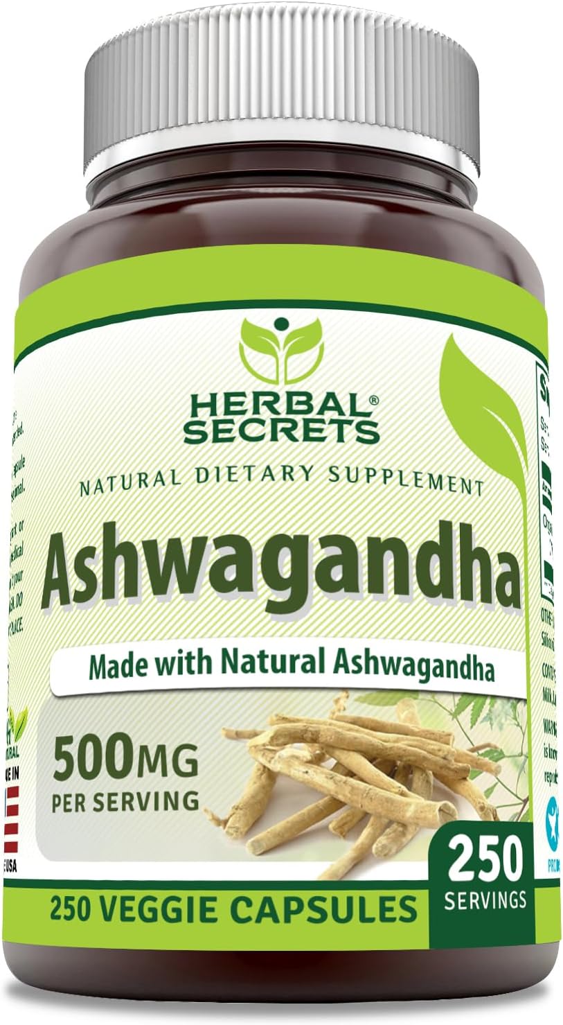 Herbal Secrets Ashwagandha 500mg – 250 Veggie Capsules – Non-GM & Gluten-Free - görsel 1