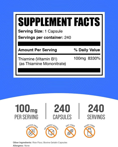 BulkSupplements Thiamine Mononitrate Capsules - Vitamin B1 100mg, 240 Capsules, Gluten-Free