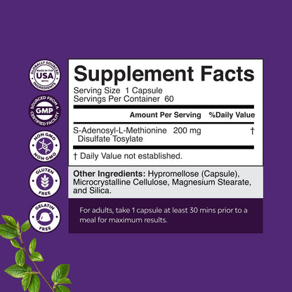 Natures Craft SAM-e 200mg – S-Adenosyl Methionine Supplement for Mood, Brain, Joint & Liver Support (60 Capsules)