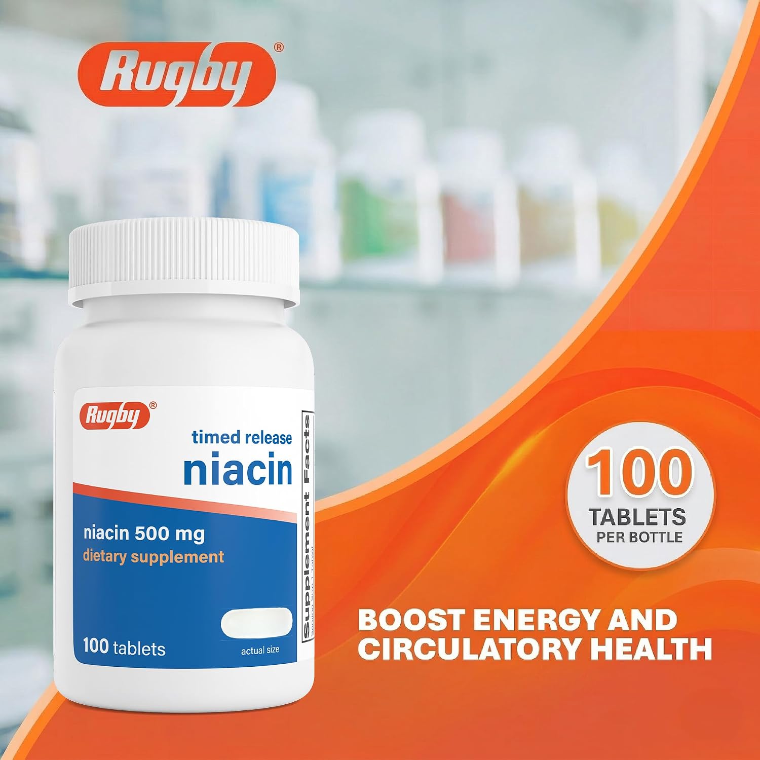 Rugby Timed-Release Niacin 500 mg with Calcium – Food Supplement for Energy and Metabolism support, 100 Tablets (3-Pack) - görsel 2