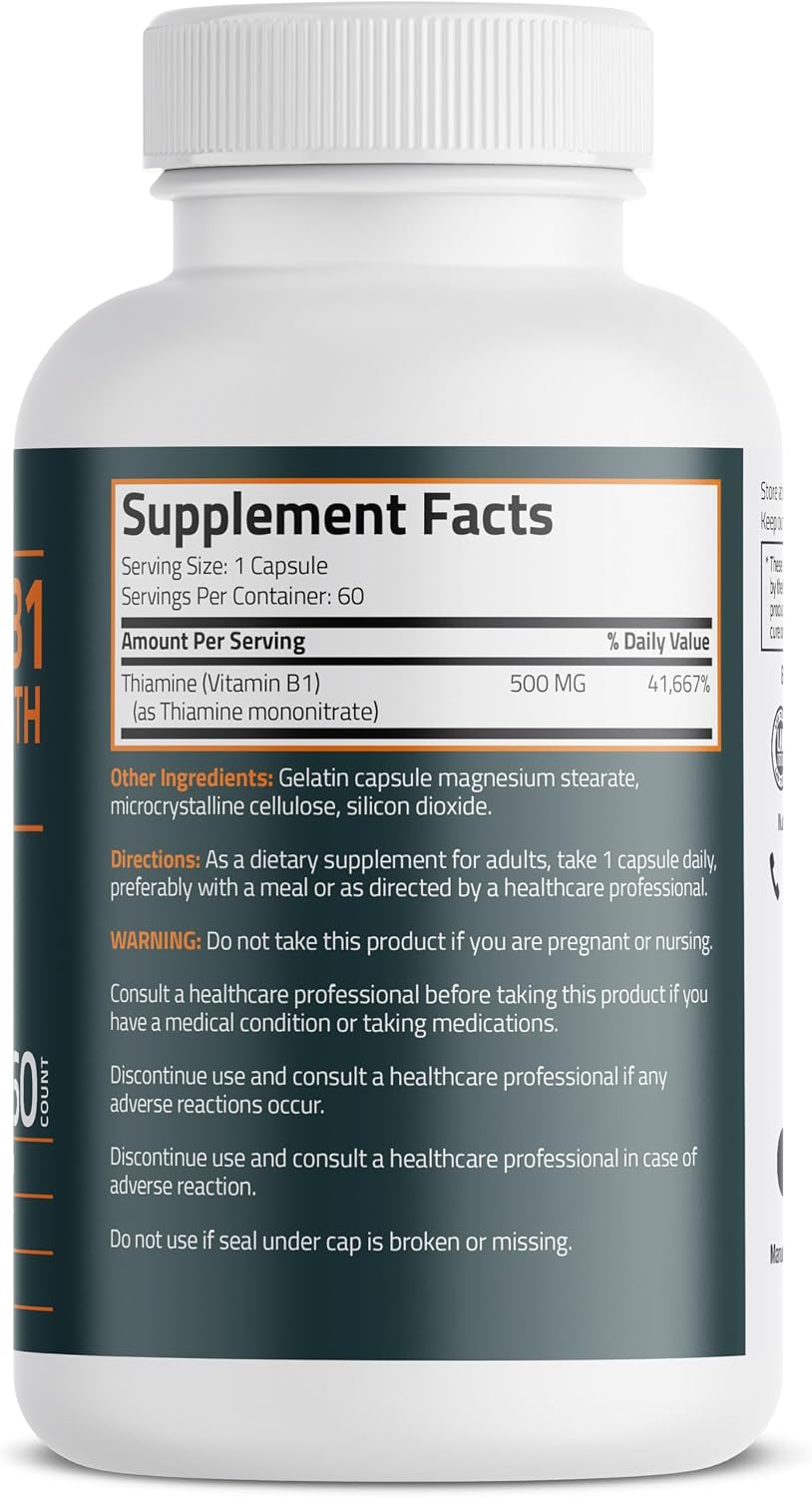 Bronson Vitamin B1 Extra Strength 500 mg High Potency Non-GMO, 60 Capsules - görsel 2