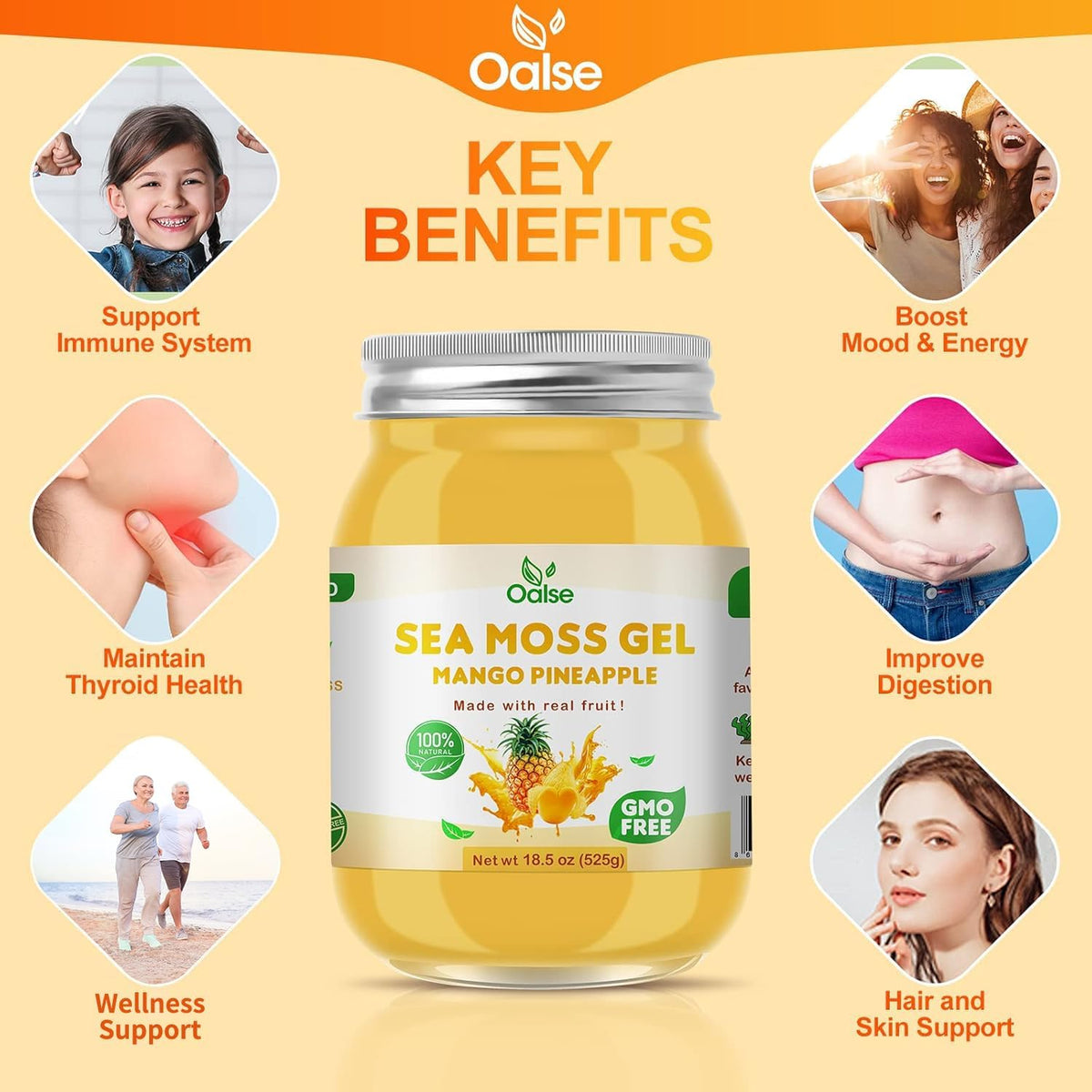 OALSE Sea Moss Gel - 524g Mango Pineapple Flavour Sea Moss Gel Raw Nutritious Rich in 102 Vitamins and Minerals, Proteins and Vitamins, Vegan-Friendly - görsel 3