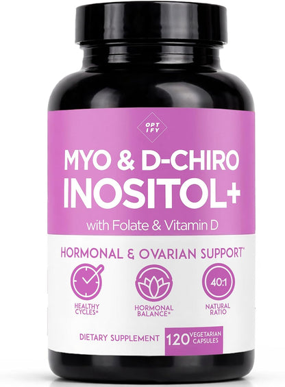 Optify Myo-Inositol & D-Chiro Inositol Powder - 40:1 Ratio with Folate & Vitamin D for Hormonal Balance (63g)