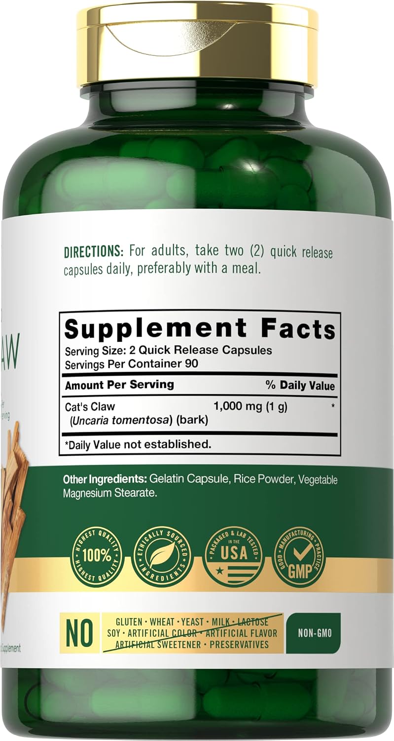 Carlyle Cat's Claw Herb Capsules 1000mg - Uncaria Tomentosa - Non-GMO, Gluten-free (180 Capsules) - görsel 2