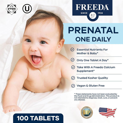 FREEDA Prenatal Vitamin – Kosher Prenatals – Prenatal Vitamins with Iron, Folic Acid, Choline, Vitamin D – One Daily Pre-Natal Multivitamin Support for Pregnant & Lactating Women (250 Tablets)