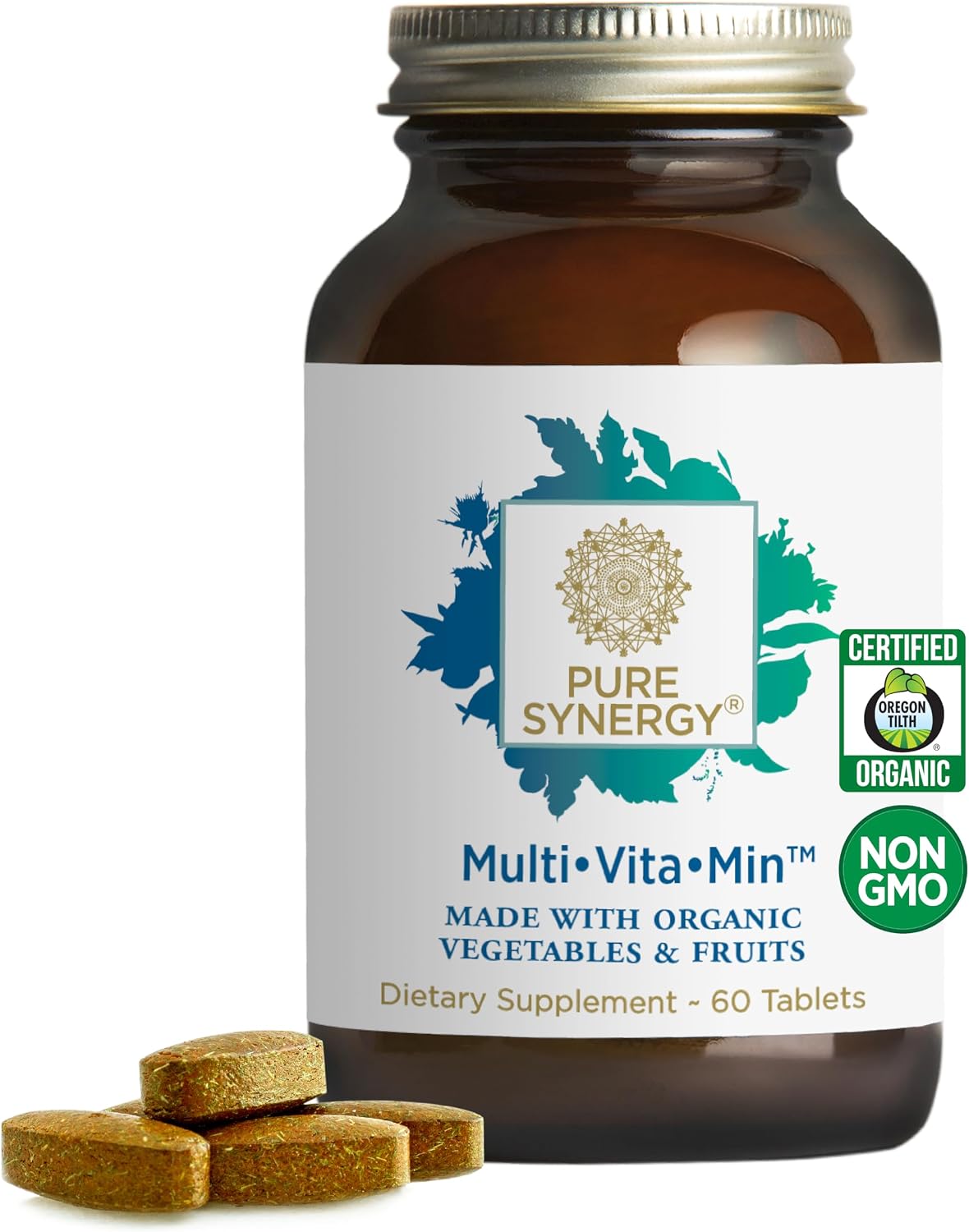 PURE SYNERGY Multi·Vita·Min | Vegan Multivitamin Made with Organic Whole Foods | Twice Daily Supplement for Men and Women | Core Nutrients for Energy, Mood, Immune, and Bone Health (60 Tablets) - görsel 1