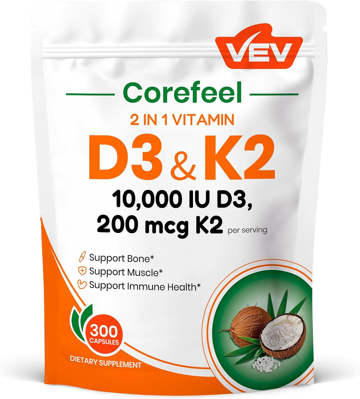 VEV Corefeel Vitamin D3 K2, 10,000 IU D3, 200mcg K2 (MK-7) – 300 Capsules - görsel 1