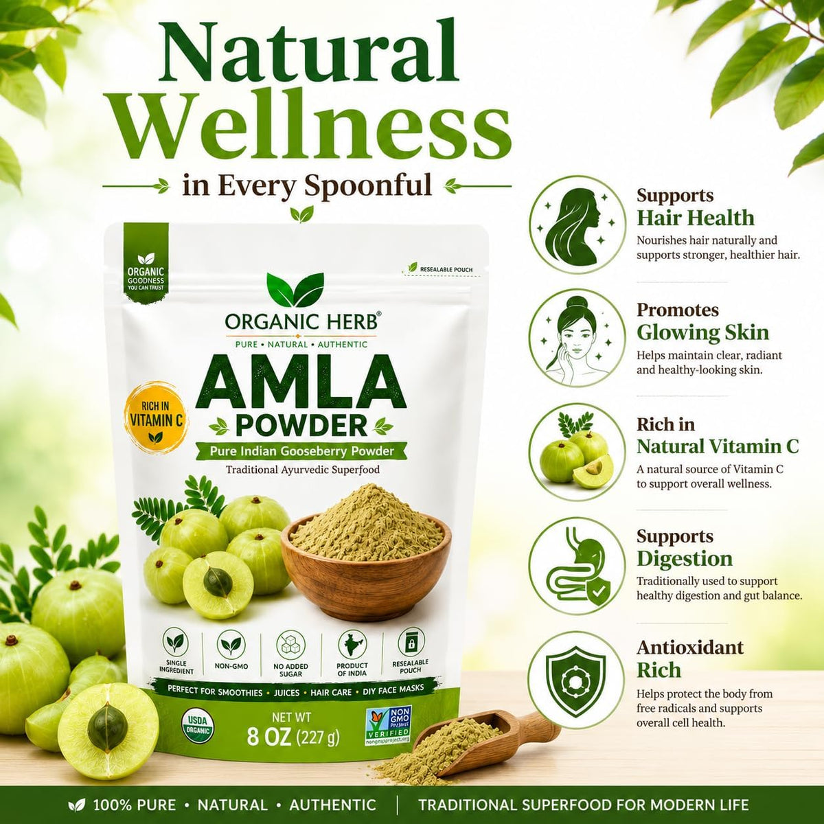Organic Amla Powder - Pure Indian Gooseberry Vitamin C Supplement for Immune Support and Skin Health - 227 g - görsel 2