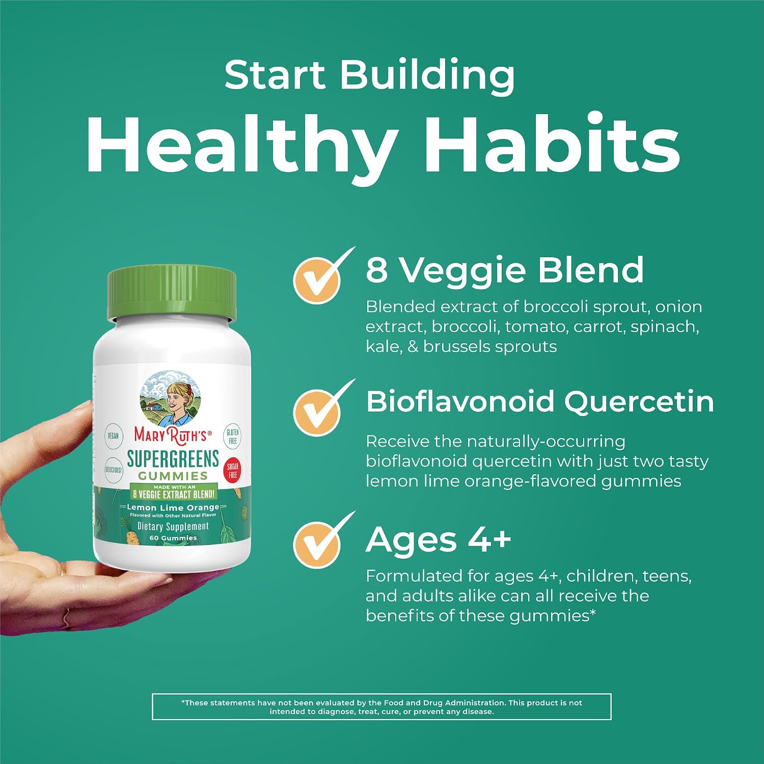 MaryRuth's Super Greens | Naturally-Occurring Quercetin | Spirulina | Broccoli Root | Kale Leaf | Sugar-Free Gummies for Adults and Kids Ages 4+ | 2g Fibre | Vegan | 60 Gummies - görsel 6
