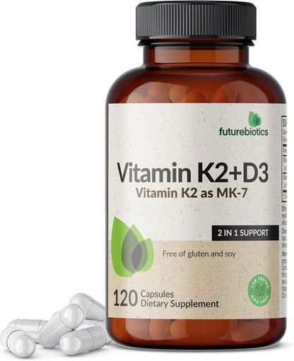 Futurebiotics Vitamin K2 (MK7) with D3 Supplement – 5000 IU D3 & 90 mcg K2 MK-7, 120 Vegetarian Capsules
