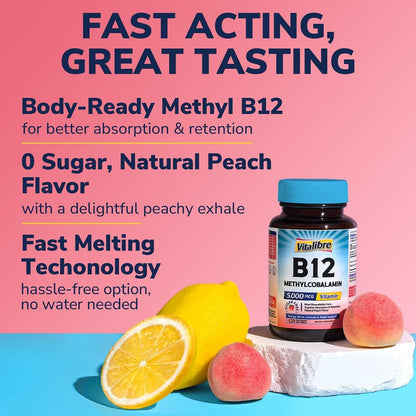 Vitalibre Vitamin B12 Sublingual 5000 mcg Methylcobalamin – Vegan, Peach Flavour, 120 Fast Dissolve Tablets