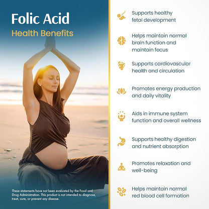 Vykee Nutrition Folic Acid Capsules – Supports Body Processes, Antenatal Health and Energy – Vitamin B9 Supplement – Vegan, Non-GMO, Gluten-free – 1,850 mcg DFE, 120 Count