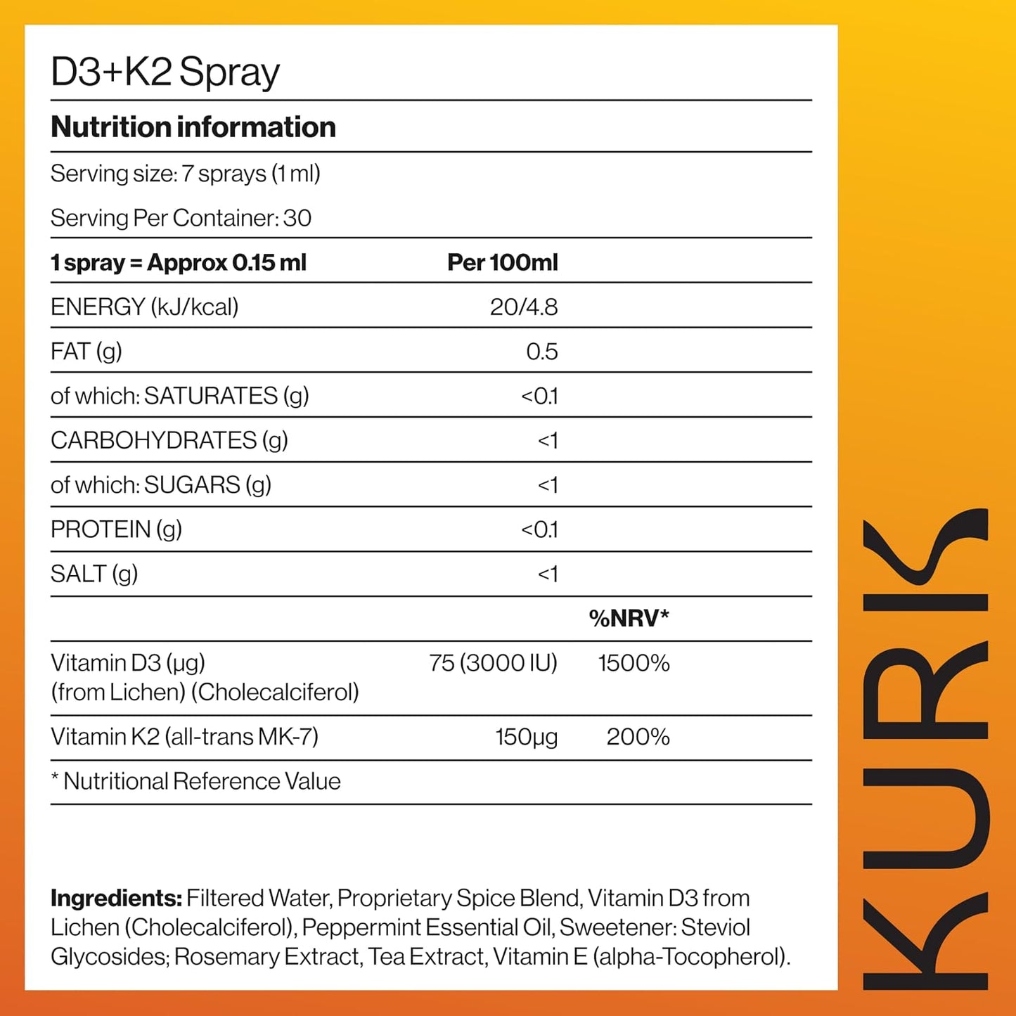 Kurk Vegan Vitamin D3 K2 Spray - 3000IU D3 & K2 MK-7, Plant-Based, Mint (30ml) - görsel 9