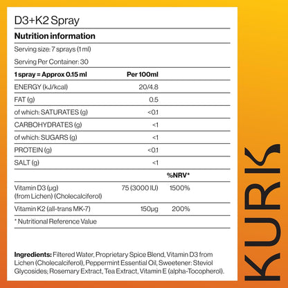 Kurk Vegan Vitamin D3 K2 Spray - 3000IU D3 & K2 MK-7, Plant-Based, Mint (30ml)