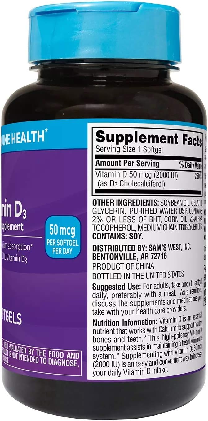 Member's Mark Vitamin D3 50 mcg (2000 IU) Food Supplement, 400 Softgels - görsel 2