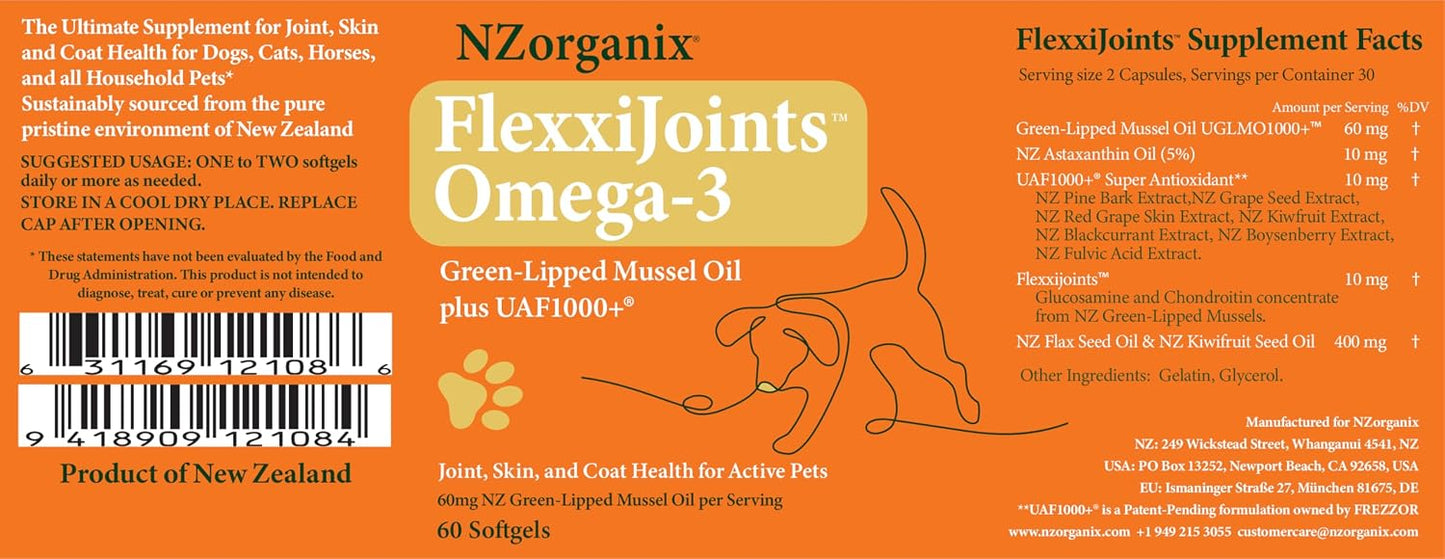 FlexxiJoints Omega-3 Hip and Joint Supplement – Green-Lipped Mussel Omega-3 Oil for Dogs – 100% New Zealand Green-Lipped Mussels (60 Softgels) - görsel 2