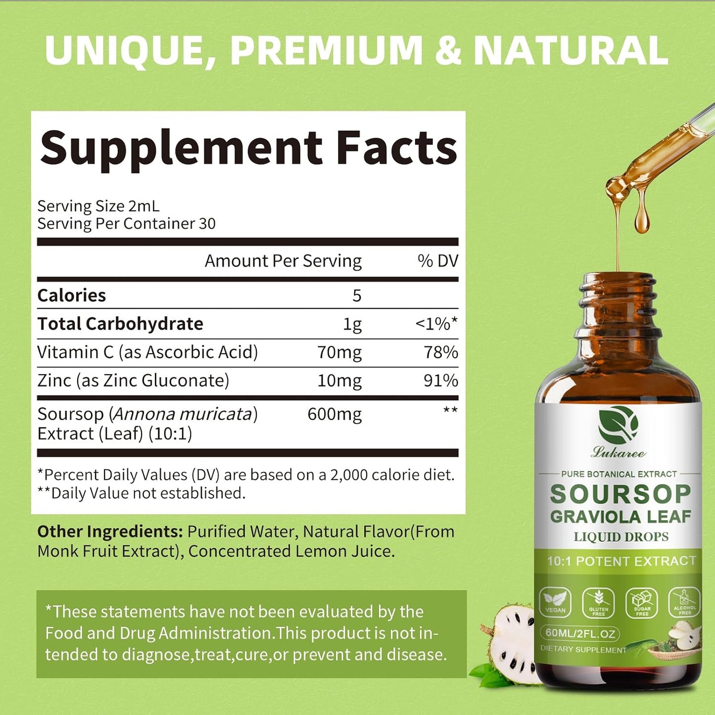 Lukaree Pure Soursop Graviola Leaf Extract for Immunity, Gut Health & Natural Energy Support – Soursop Bitters Liquid with Cold Extract – Vegan | Gluten-free | 60 ml - görsel 6
