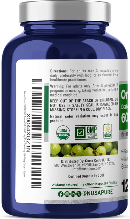 NusaPure Organic Amla Capsules 600 mg, 120 Vegetarian Capsules
