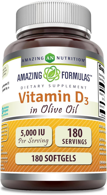 Amazing Formulae Vitamin D3 5000 IU with Olive Oil Softgels, 180 Count