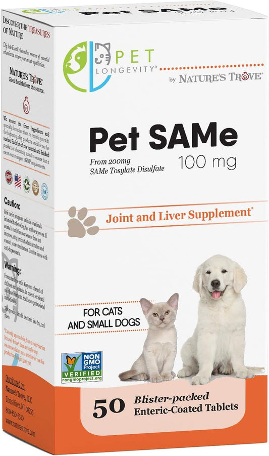 Same 100 mg Pet Supplements – Liver and Joint Support for Cats, Small Dogs with Elevated Enzymes – S-Adenosyl Methionine - 50 Gluten-free Enteric Coated Tablets – Non-GM Certified