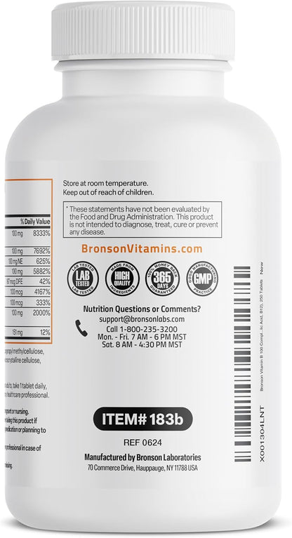 Bronson Super B 100 Vitamin B Complex Sustained Release - 250 Tablets
