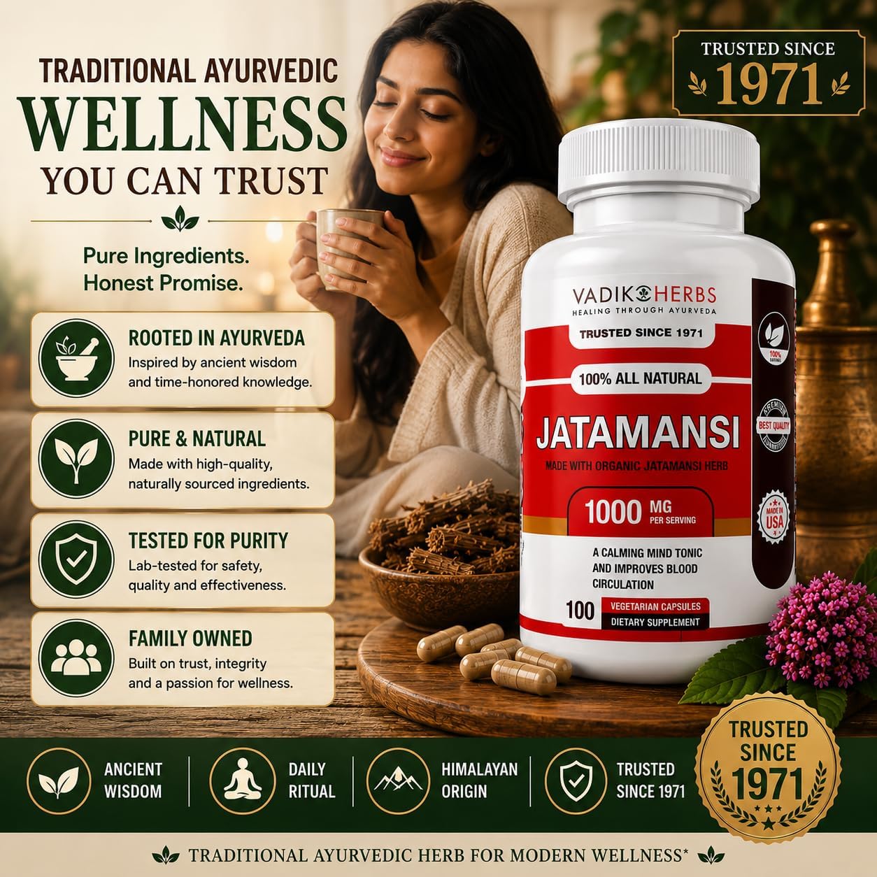 Vadik Herbs Jatamansi Capsules - 1000mg Organic Jatamansi Root for Calmness, Mental Clarity & Restful Sleep - 100 Vegetarian Capsules - görsel 3