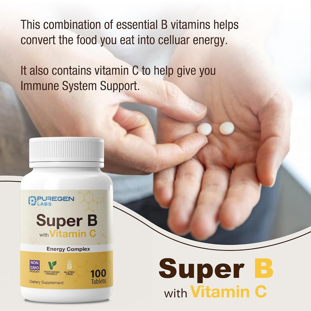 Puregen Labs Super B Energy Complex with Vitamin C - Immune Health, Energy & Nervous System Support - Non-GMO, Gluten-Free 100 Vegetarian Tablets - görsel 4