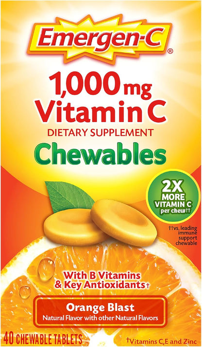 Emergen-C Chewable Vitamin C 1000mg with B Vitamins and Antioxidants, Orange Blast, 40 Chewable Tablets