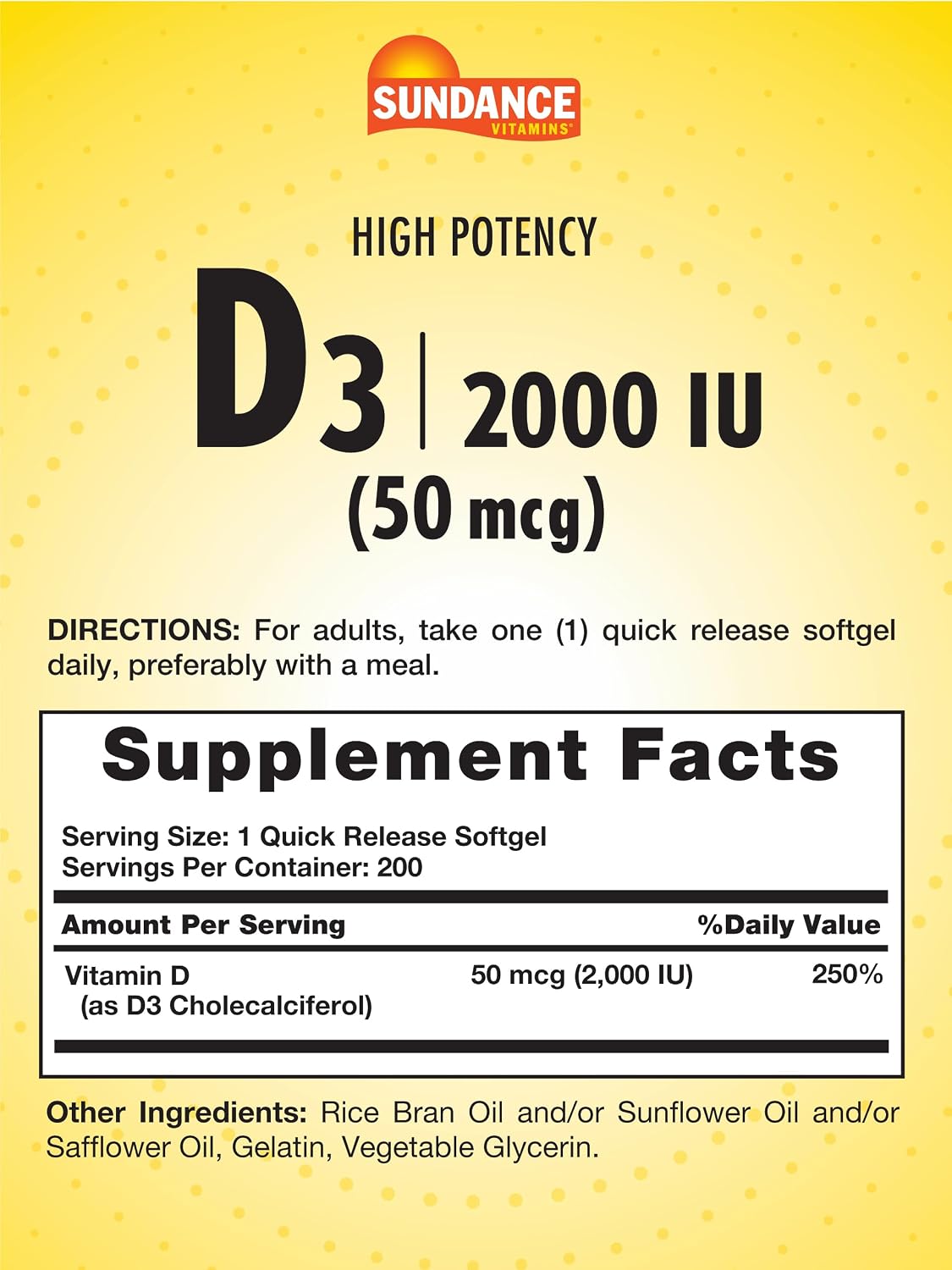 Sundance High Potency D3 2000 IU - 200 Quick Release Softgels - görsel 2
