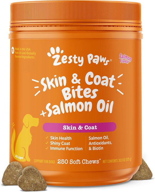 Zesty Paws Salmon Oil for Dogs - Omega-3 Fish Oil Chews, Skin and Coat Support, 250 Chews