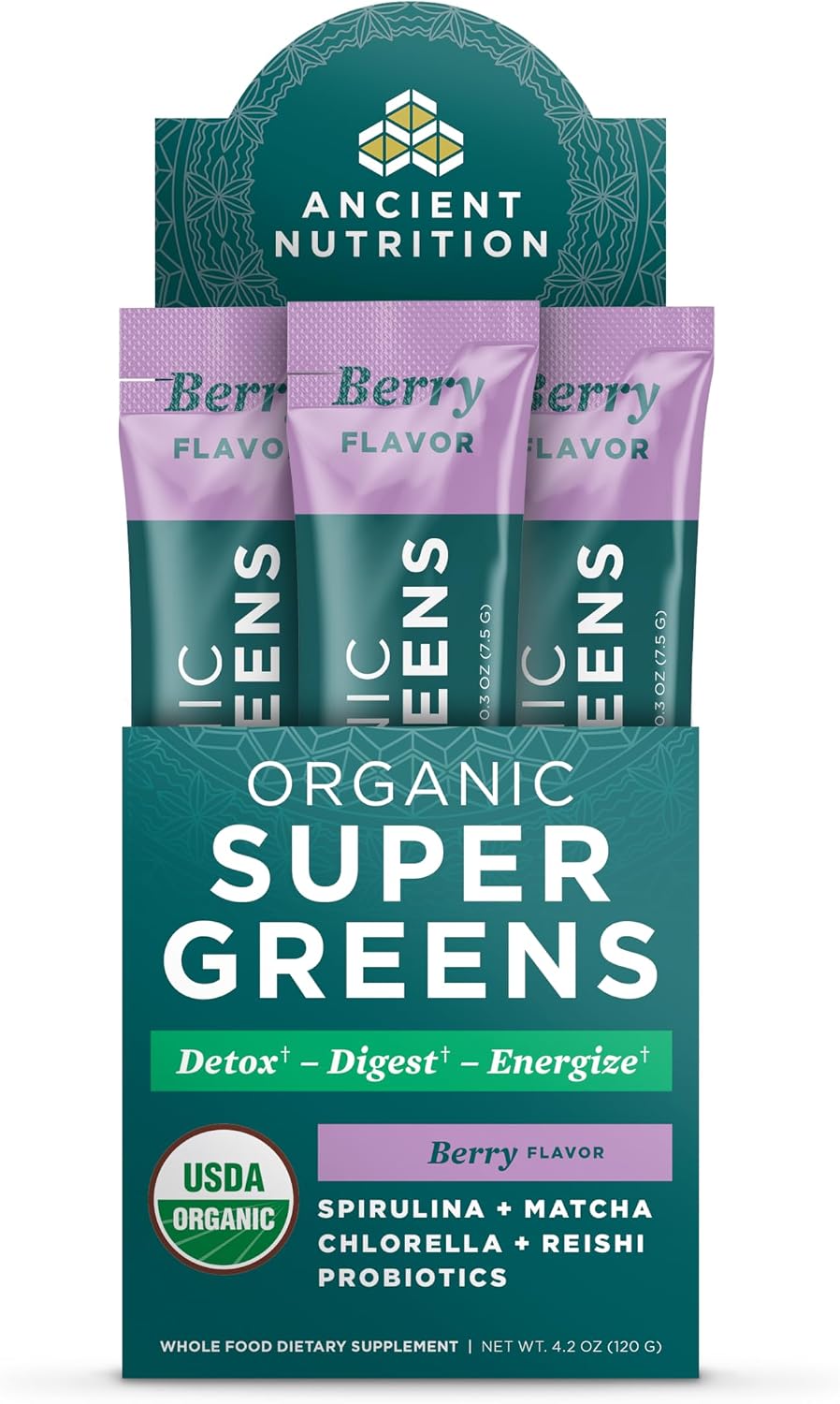 Ancient Nutrition SuperGreens Powder with Probiotics, Organic Mango Flavour, 16 Stick Packs - görsel 7