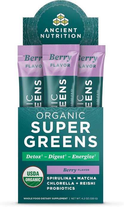Ancient Nutrition SuperGreens Powder with Probiotics, Organic Berry Flavour, 16 Stick Packs