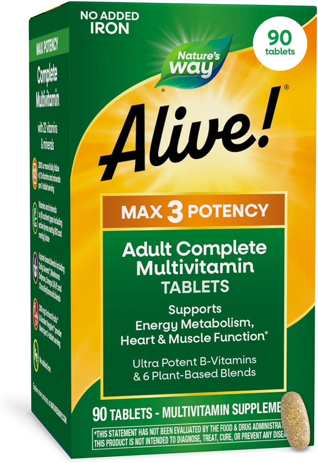 Nature's Way Alive! Max3 Potency Daily Multivitamin – High Potency with B-Vitamins, Orchard Fruits & Garden Vegetables Blend, 180 Tablets - görsel 10