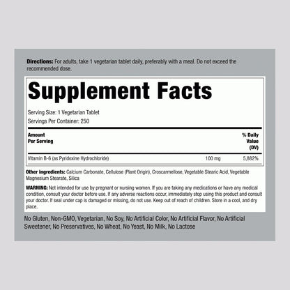 Piping Rock Vitamin B6 100mg Tablets – 250 Tablets