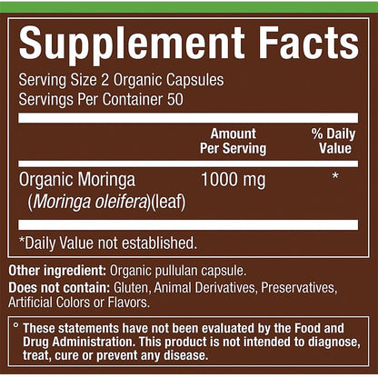 Organic Moringa Superfood for Energy Support - 1,000 mg (100 Capsules)