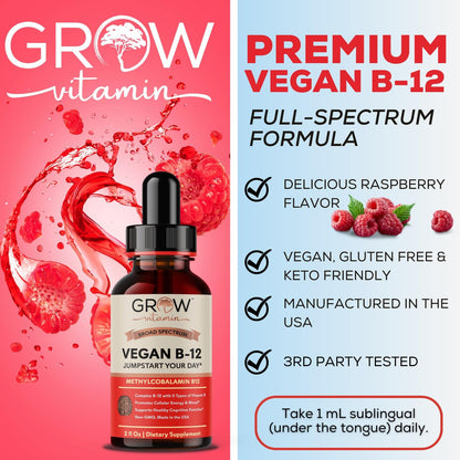 Vegan B12 Complex Liquid Sublingual Drops - Premium Methylcobalamin Supplement for Energy, Mood, Immune Support and Healthy Hair, Skin & Nails