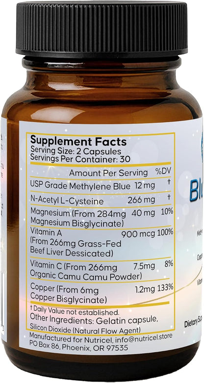Nutricel Supplements Blue Immune 60 Capsules - Optimum Nootropic with USP Grade Methylene Blue, Grass-Fed Beef Liver, Copper, Magnesium, Vitamin A, E, and C