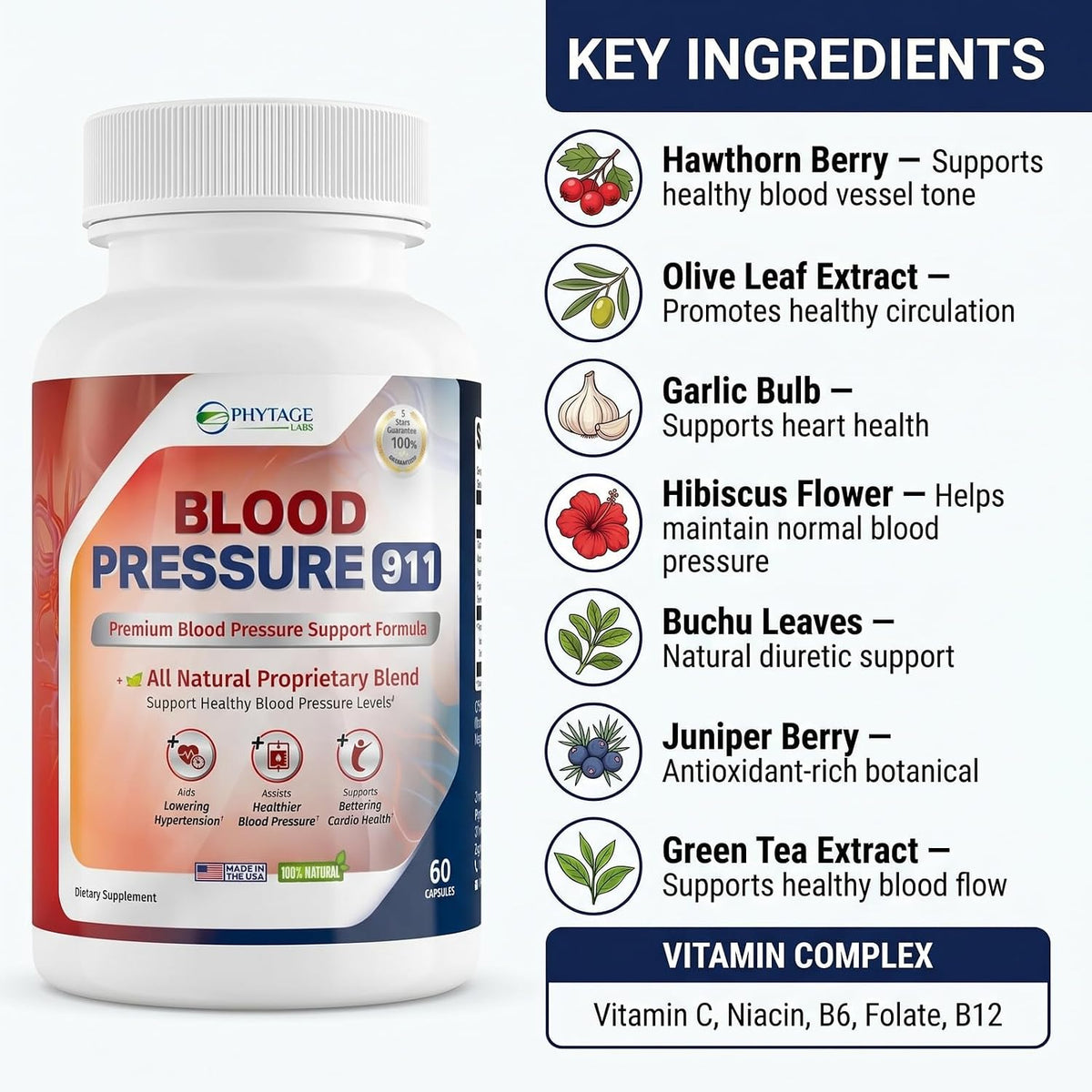 Blood Pressure 911 – Advanced Blood Pressure Support Supplement – All-Natural Formula with Hawthorn Berry, Olive Leaf & Vitamin B12 – Daily Heart & Circulation Support - 3 Pack - görsel 3