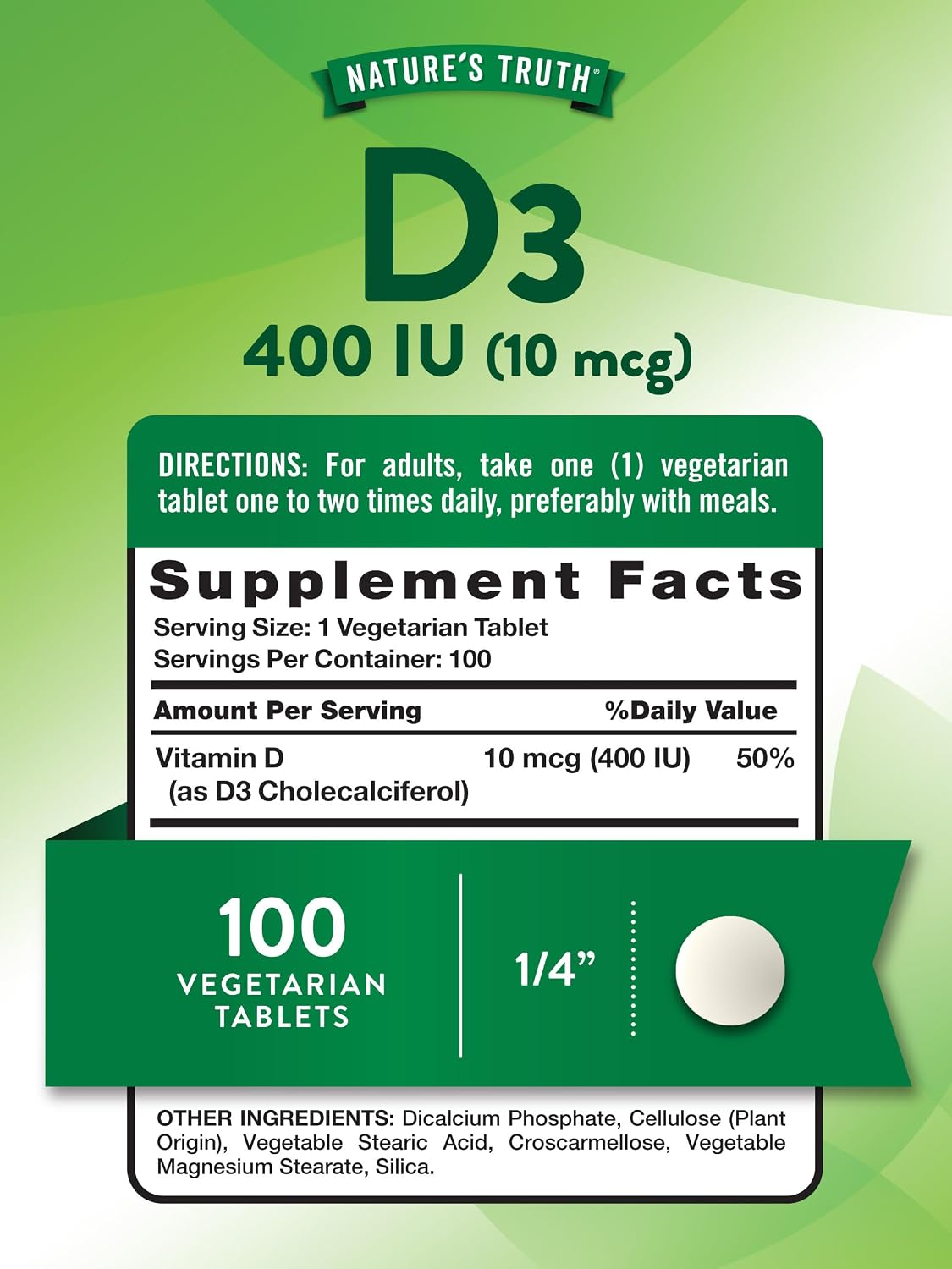 Nature's Truth Vitamin D3 | 400 IU (10 µg) | 100 Tablets | Vegetarian, Non-GMO & Gluten-free Supplement - görsel 2