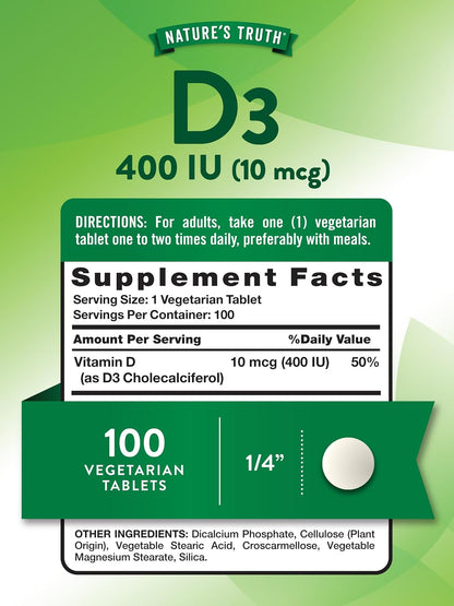 Nature's Truth Vitamin D3 | 400 IU (10 µg) | 100 Tablets | Vegetarian, Non-GMO & Gluten-free Supplement