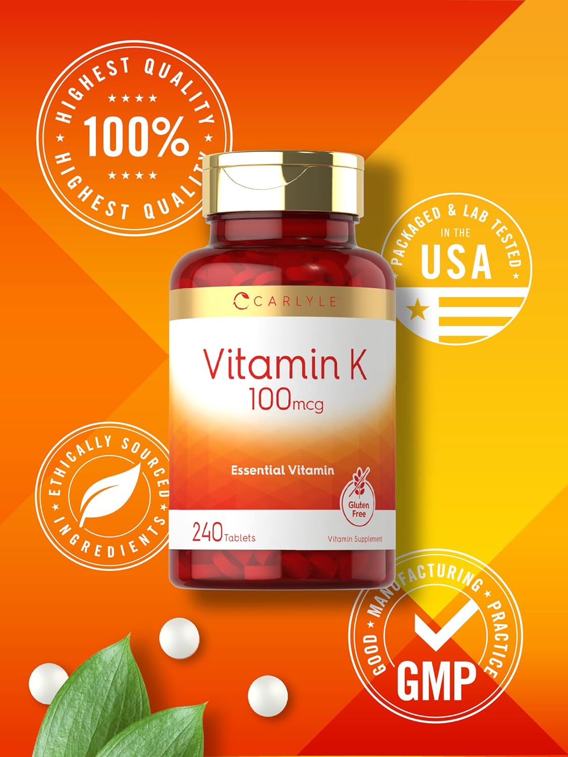 Carlyle Vitamin K 100 mcg, 240 Tablets – Vegetarian, Non-GMO, Gluten-free Supplement - görsel 5